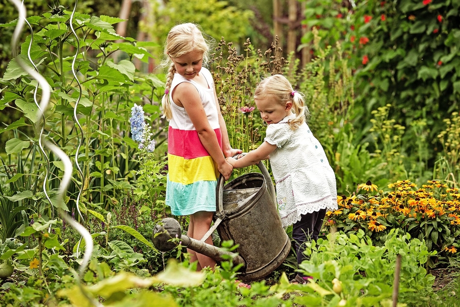 Ein schöner Garten, ein Mädchen (ungefähr 8 Jahre alt) und die kleine Schwester gießen mit einer alten Zinkgießkanne die Pflanzen.
