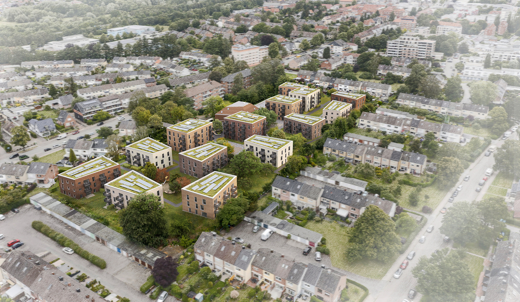 Die Musikerhöfe - Eine Visualisierung des neuen Quartiers mit 14 Wohnhäusern, die mit den jeweiligen Hausnummern beschriftet sind.