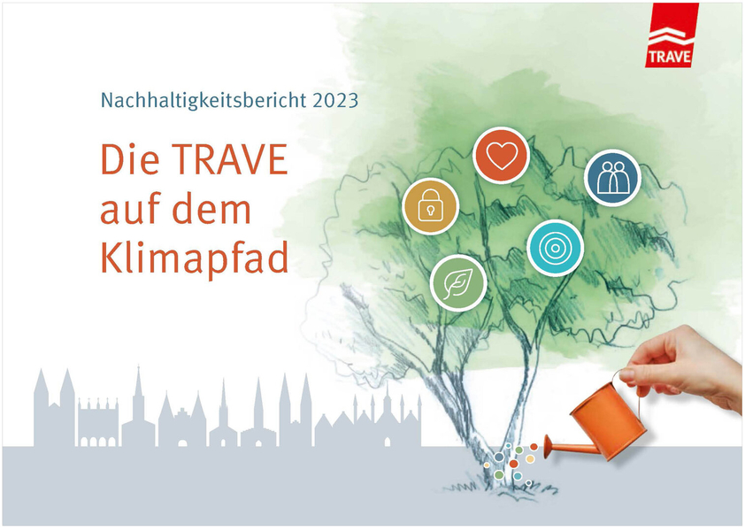 Titelbild des Nachhaltigkeitsberichtes 2023, Titel "Die TRAVE auf dem Klimapfad"