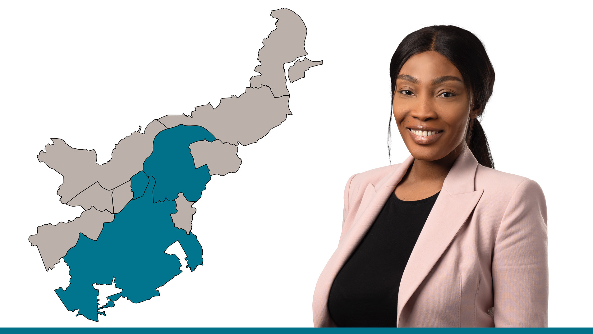 Die Ansprechpartnerin vor einer Lübeck-Karte, der Vermietungsbereich ist hervorgehoben.