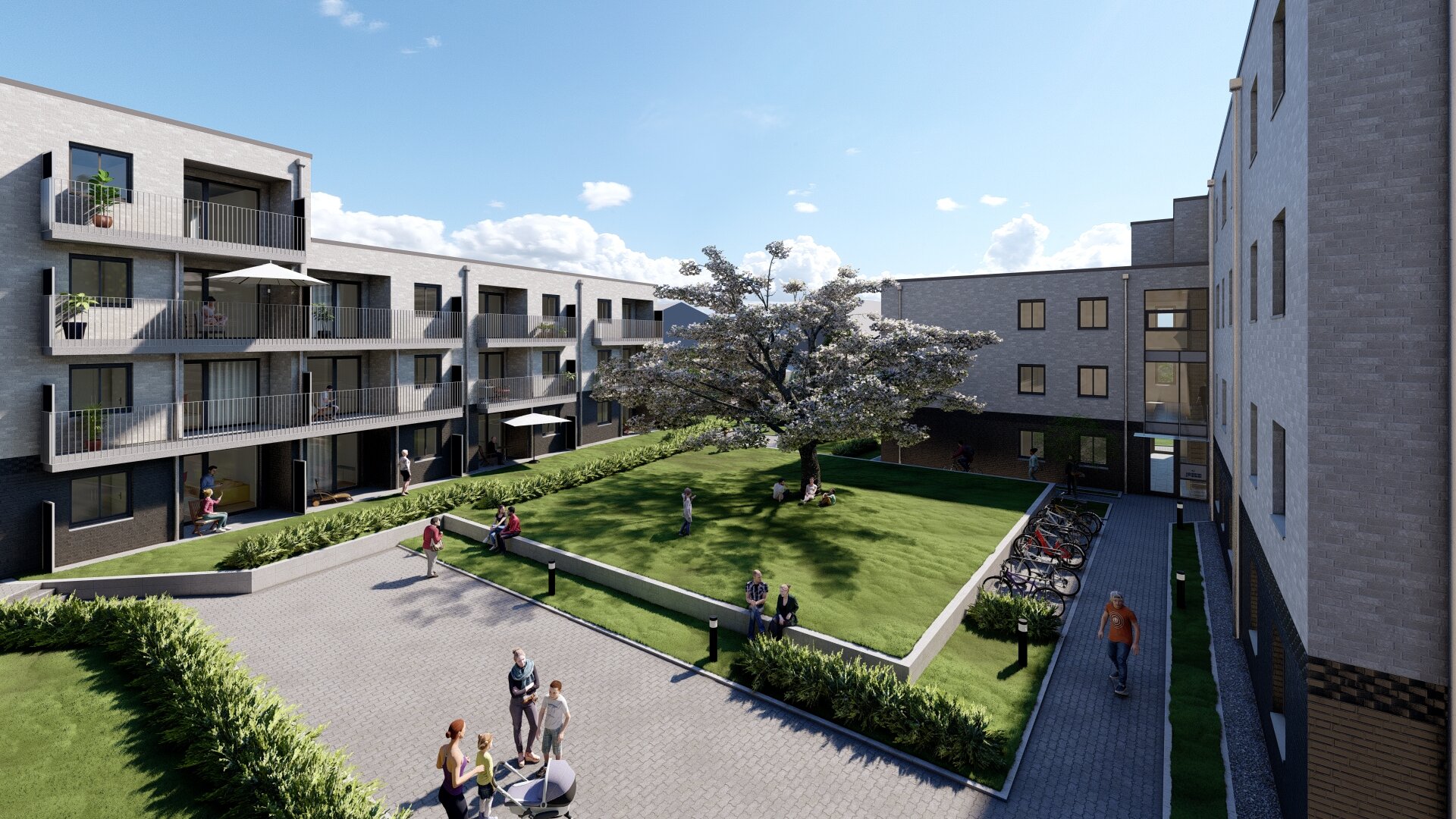 Visualisierung des neuen Quartiers Elbingstraße 11-15 in Kücknitz mit schönem Innenhof.